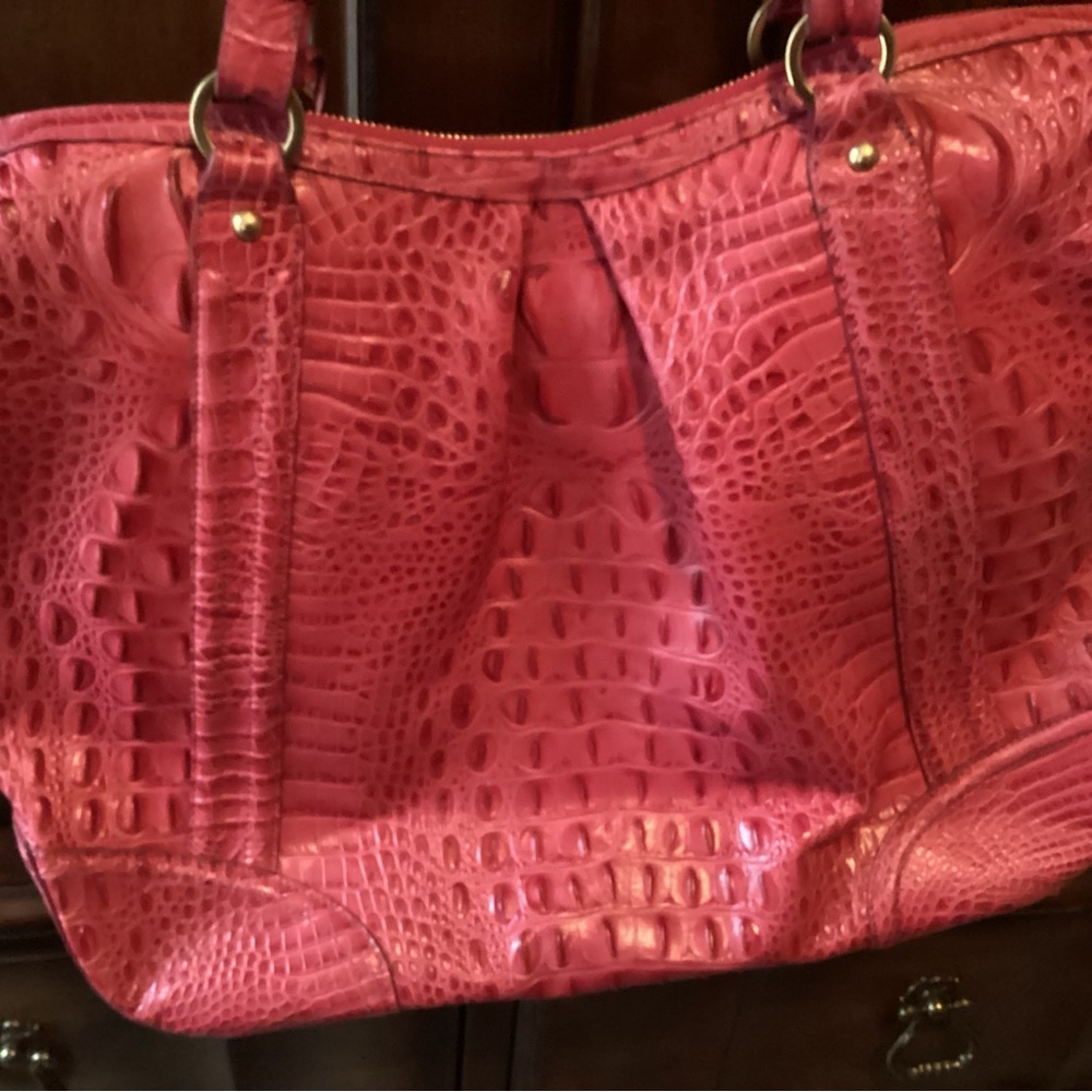 BRAHMIN Pink Selma Croc Embossed Leather Pleated Shoulder Tote Bag Top Zipper